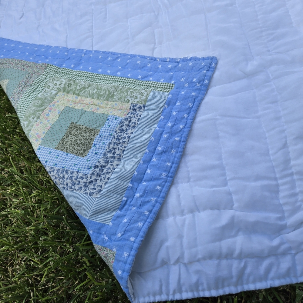 Vintage Log Cabin Lap Quilt stripe logcabin block squares blue green crib quilt - Picture 7 of 14